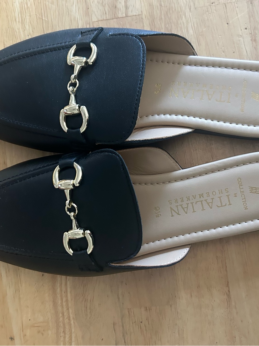 Italian Shoemakers Black Slip-On Mules with Gold Hardware